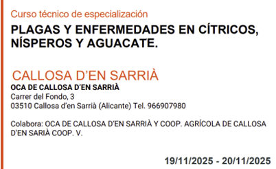 PLAGAS Y ENFERMEDADES EN CÍTRICOS, NÍSPEROS Y AGUACATE (del 19 al 20.11.2025)